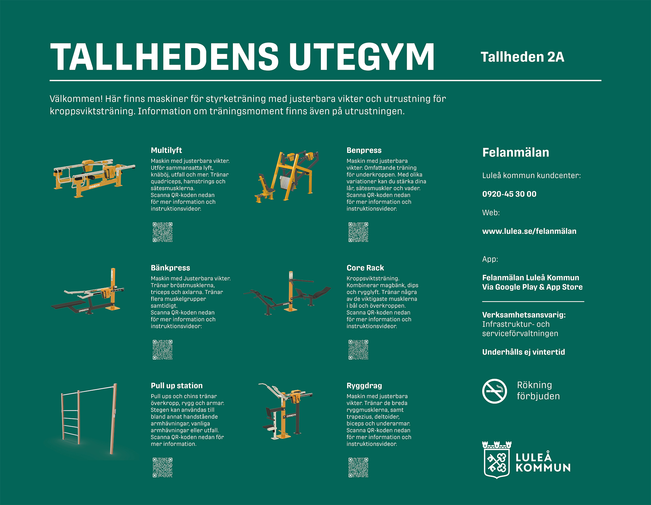 Här ses utbudet av utrustning på Tallhedens utegym i Råneå.