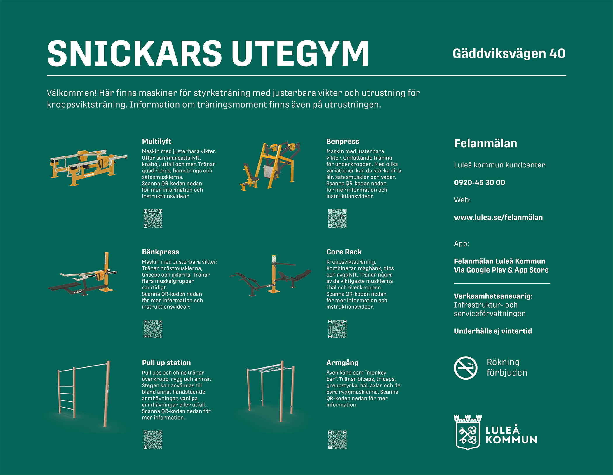 Här ses utbudet av utrustning på Snickars utegym i Gammelstad.