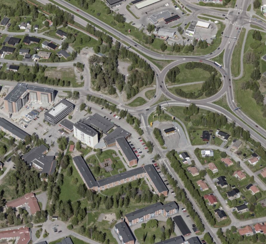 Flygbild över Mjölkuddens Centrum