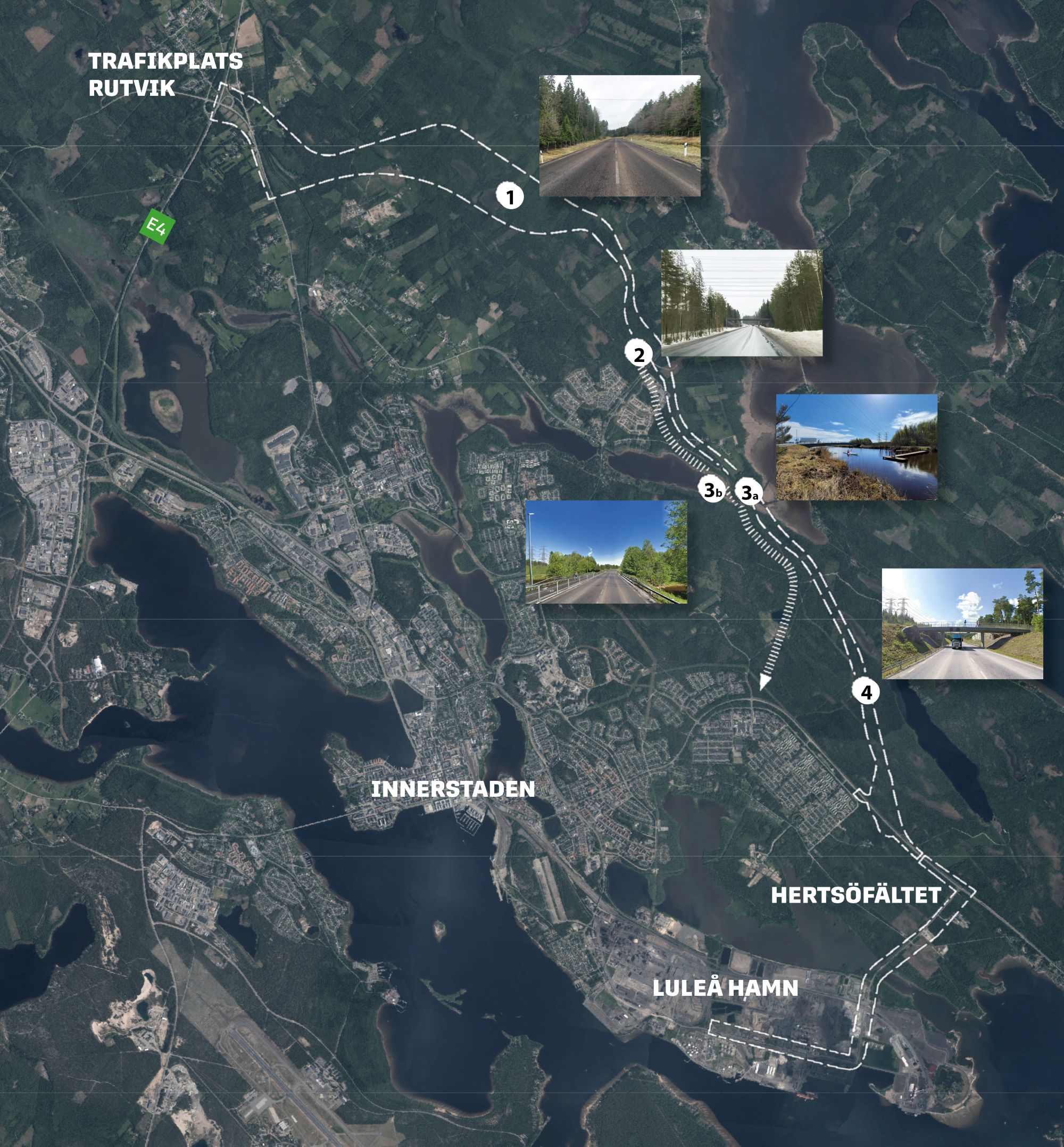 Karta över Norrledens tänkta dragning med visionsbilder för hur det kan komma att se ut.