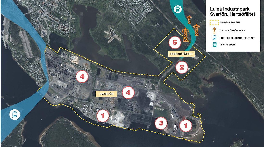 Karta som visar Hertsöfältet placering i förhållande till Luleå industripark