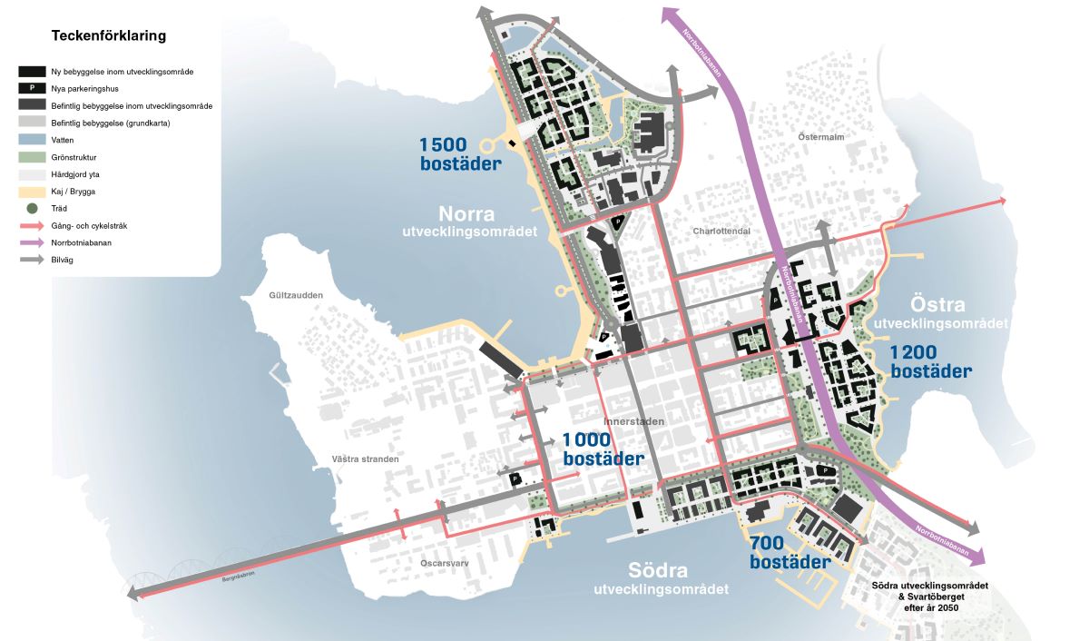 Karta över centrumhalvön med Norra- och Södra utvecklingsområdet samt Östra Stranden som är tre större utvecklingsområden för bostäder och arbetsplatser. 