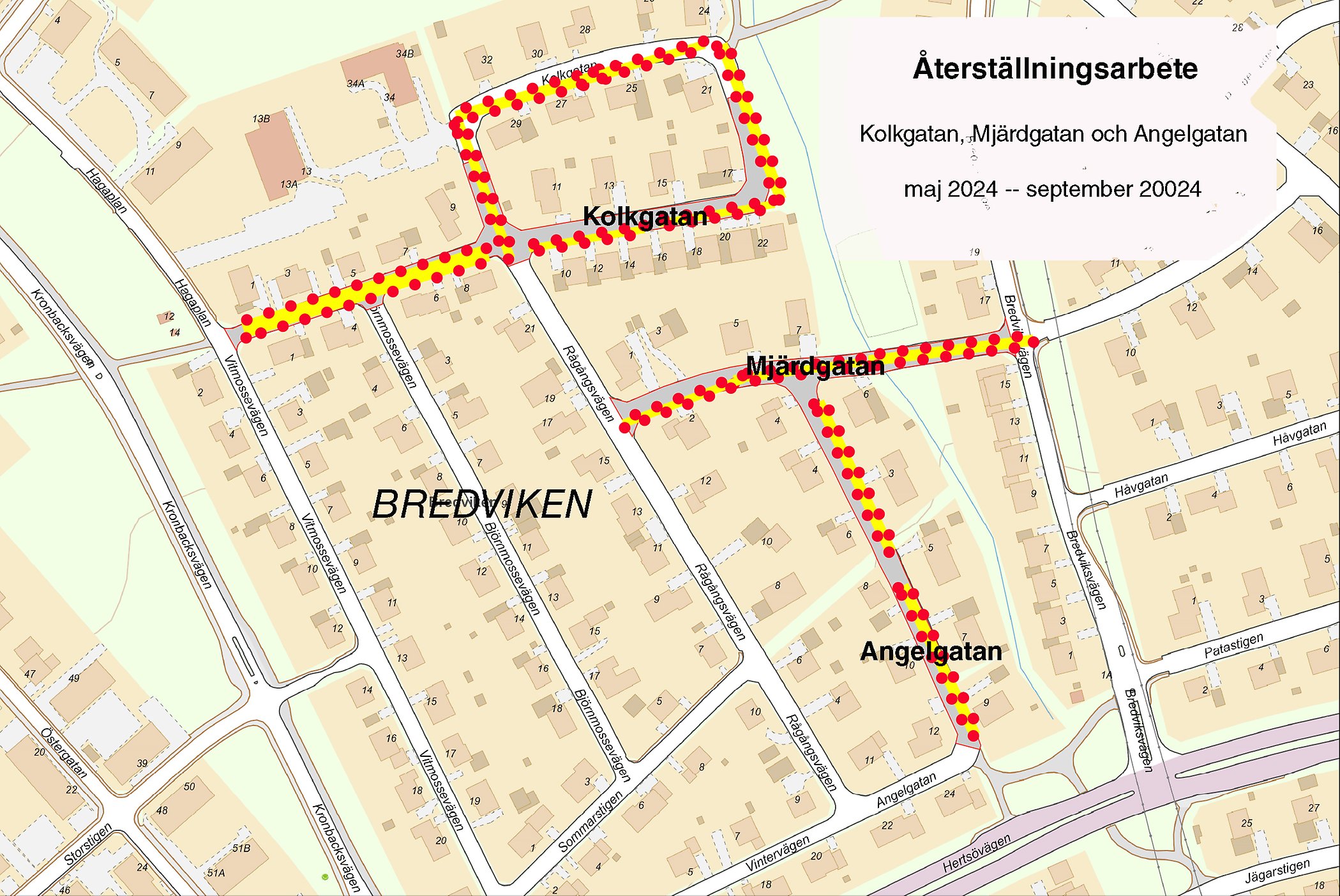 Karta över Angelgata, Kolkgatam och Mjärdgatan på Bredviken där kommunen ska genomföra återställningsarbeten efter Lumires vatten- och avloppsarbete under säsongen 2023.