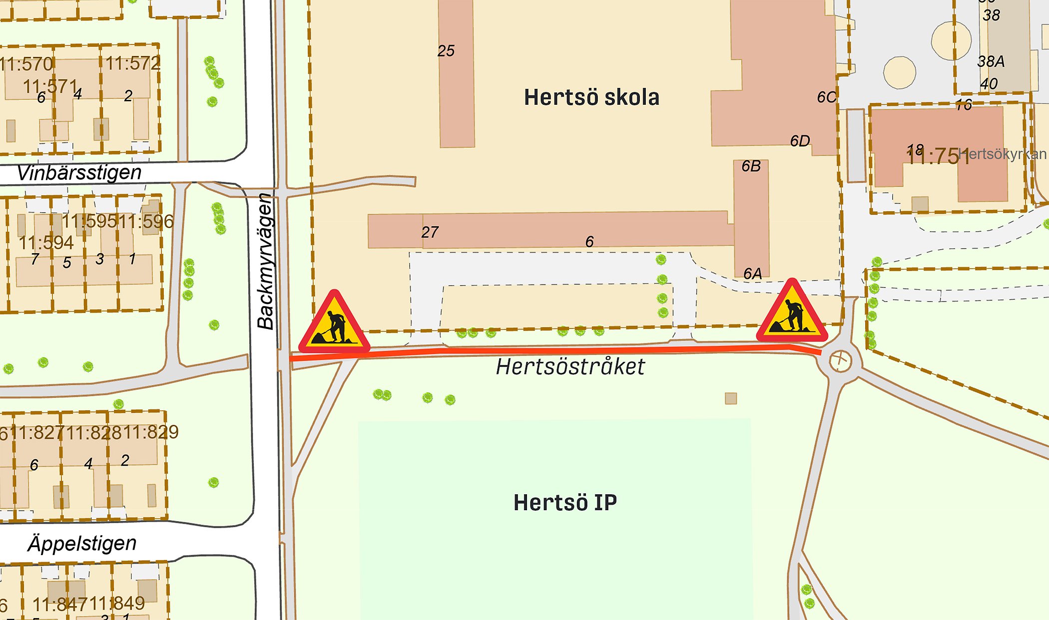 Här, längs den röda markeringen ska vi arbeta i augusti i år.