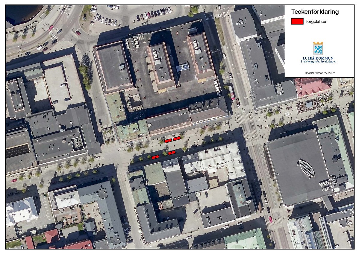 Torgplatsernas placering på Storgatan mellan Smedjegatan och Nygatan